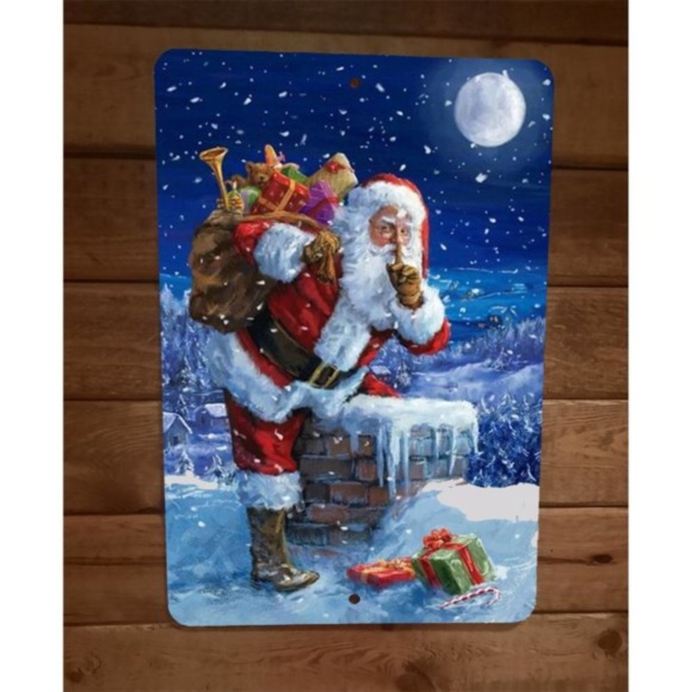 Merry Xmas Christmas Santa Going Down Chimney 8x12 Metal Wall Sign Poster